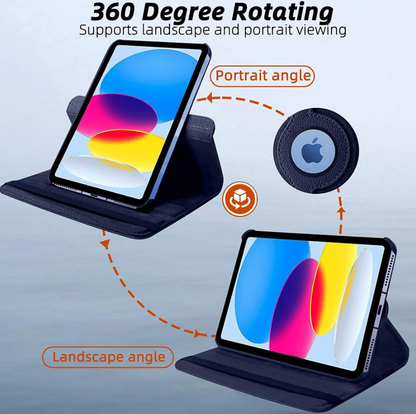 A black tablet case shown in two orientations on a light blue gradient background, with text reading '360 Degree Rotating' and labels for portrait and landscape angles. The case is shown with a tablet inside, plus small icons indicating features.