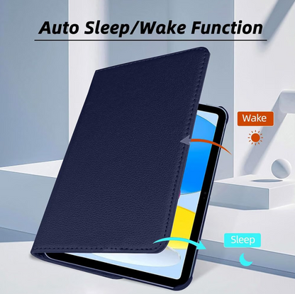 A dark navy blue tablet folio case shown standing open with a tablet partially visible inside. The image includes text reading 'Auto Sleep/Wake Function' and callout labels 'Wake' and 'Sleep' with arrows indicating screen interaction, set against a clean light gray studio background.