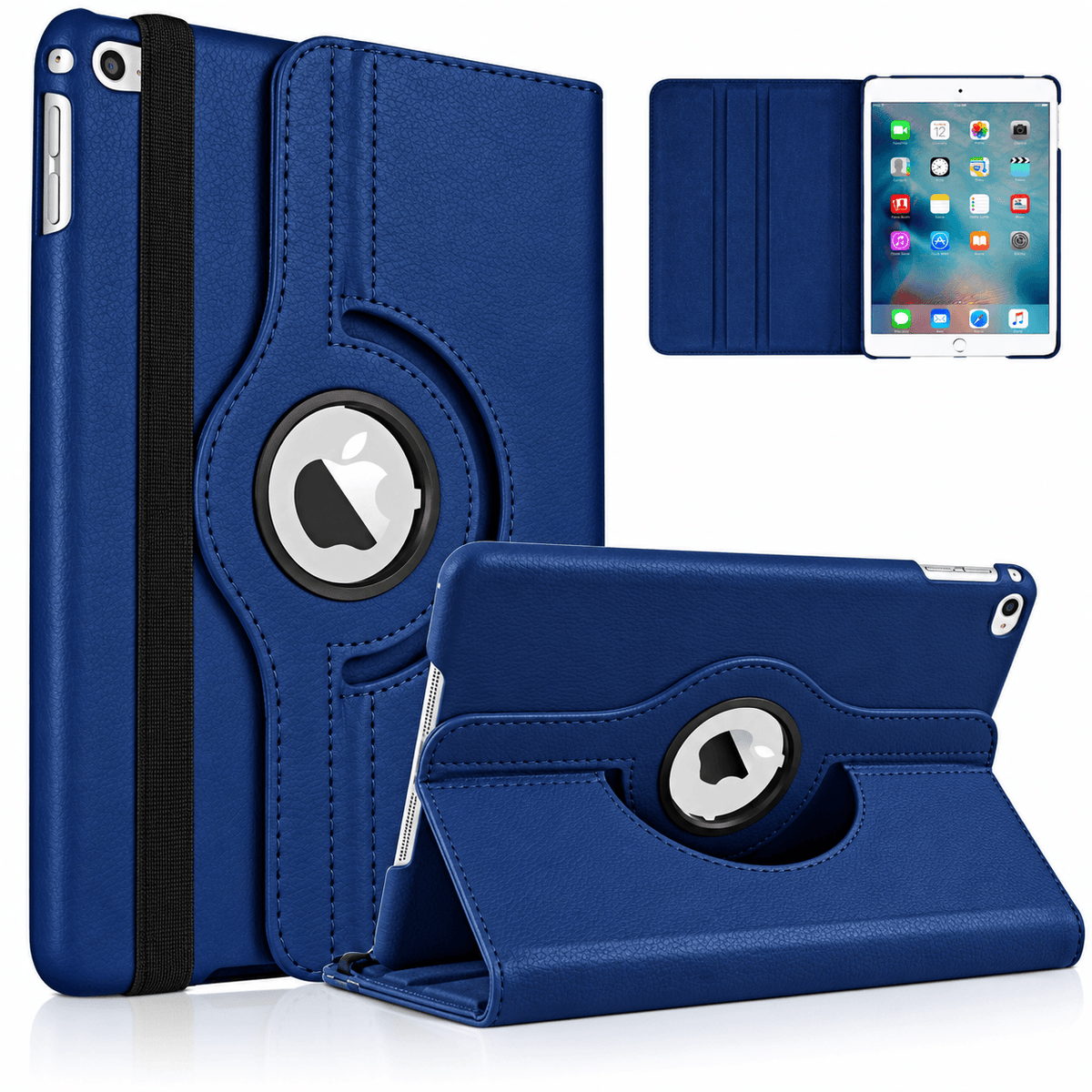 Blue faux leather iPad folio case shown in multiple views: closed with a black side strap, open with a tablet inserted, and propped in a stand position. The case has a circular rotation center and card slots.