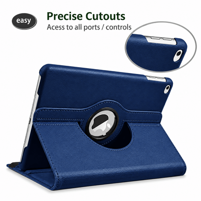 A navy blue tablet case with a 360-degree rotating stand, shown in an open position on a white background. The image includes text reading 'Precise Cutouts' and 'Access to all ports / controls' along with a circular inset showing a close-up of the cutout on the tablet's edge.