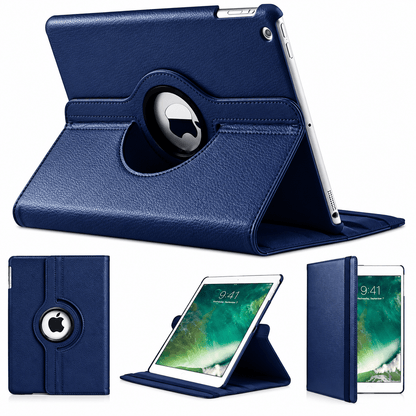 A navy blue textured leather iPad case shown in multiple views: open as a stand, closed, and partially open with the tablet inserted. The case has a circular cutout with a metal ring and a visible Apple logo through it.