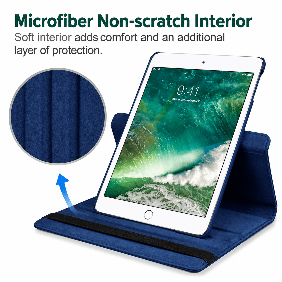 A blue tablet case shown open in a stand position with a tablet inserted, on a white background with marketing text and a circular fabric close-up inset. The text reads 'Microfiber Non-scratch Interior' and 'Soft interior adds comfort and an additional layer of protection.