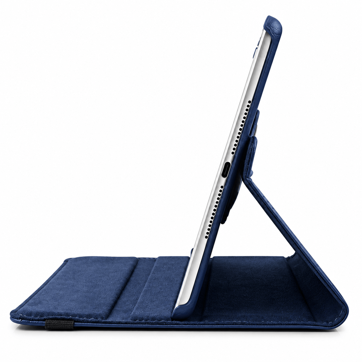 A navy blue tablet case shown open in a folded stand position, holding a silver tablet. The case has a textured fabric finish and includes a kickstand mechanism, photographed against a solid white background.
