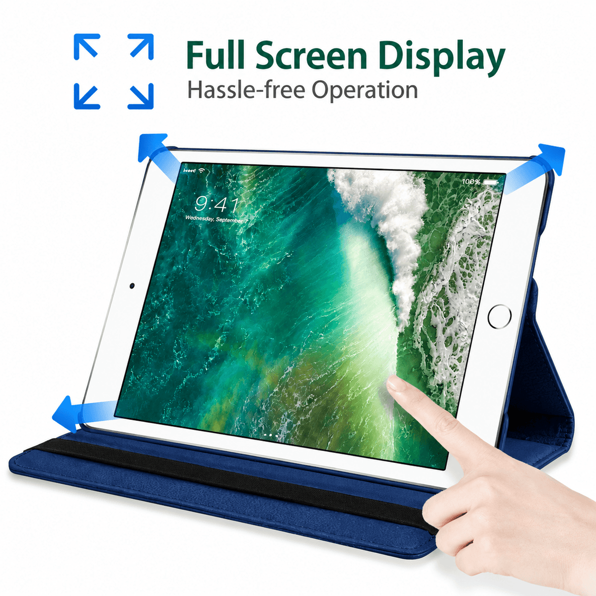 A blue folio-style tablet case shown with a tablet propped open on a white background. A hand is touching the screen, and text at the top reads 'Full Screen Display Hassle-free Operation' with blue arrow graphics indicating screen folding.