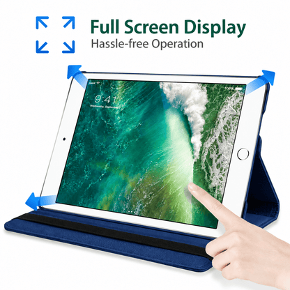 A blue folio-style tablet case shown with a tablet propped open on a white background. A hand is touching the screen, and text at the top reads 'Full Screen Display Hassle-free Operation' with blue arrow graphics indicating screen folding.