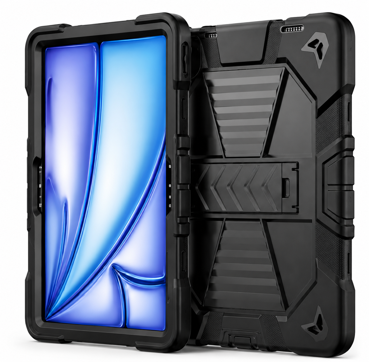 Black rugged phone case with a blue screen on a white background