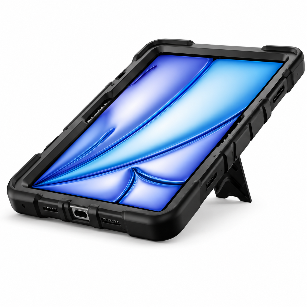 Rugged phone case with screen protector on a white background