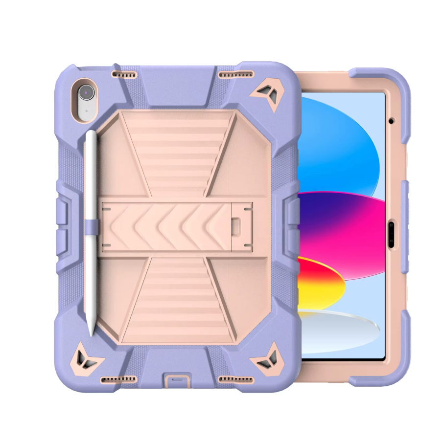 Purple and rose gold tablet case with a clear screen protector on a white background
