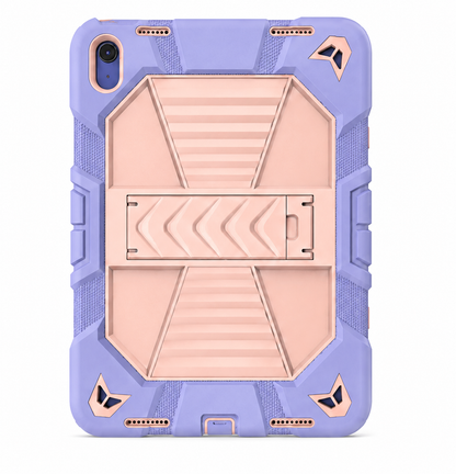 Rugged phone case with purple and rose gold design on a white background