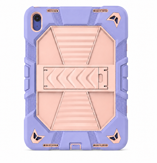 Rugged phone case with purple and rose gold design on a white background