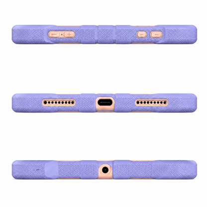 Purple phone case with rose gold accents on a white background