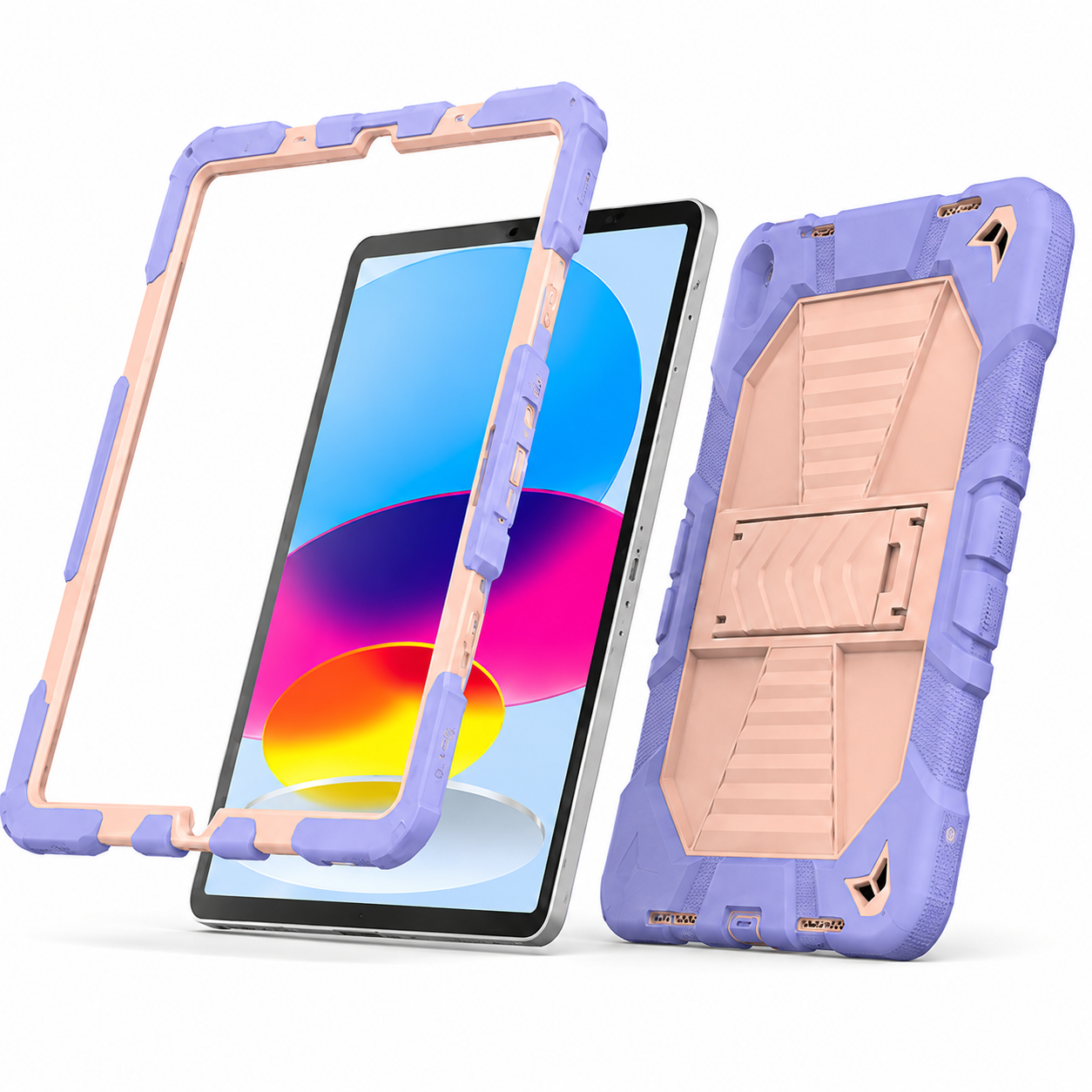 Purple and rose gold tablet case with screen protector on a white background