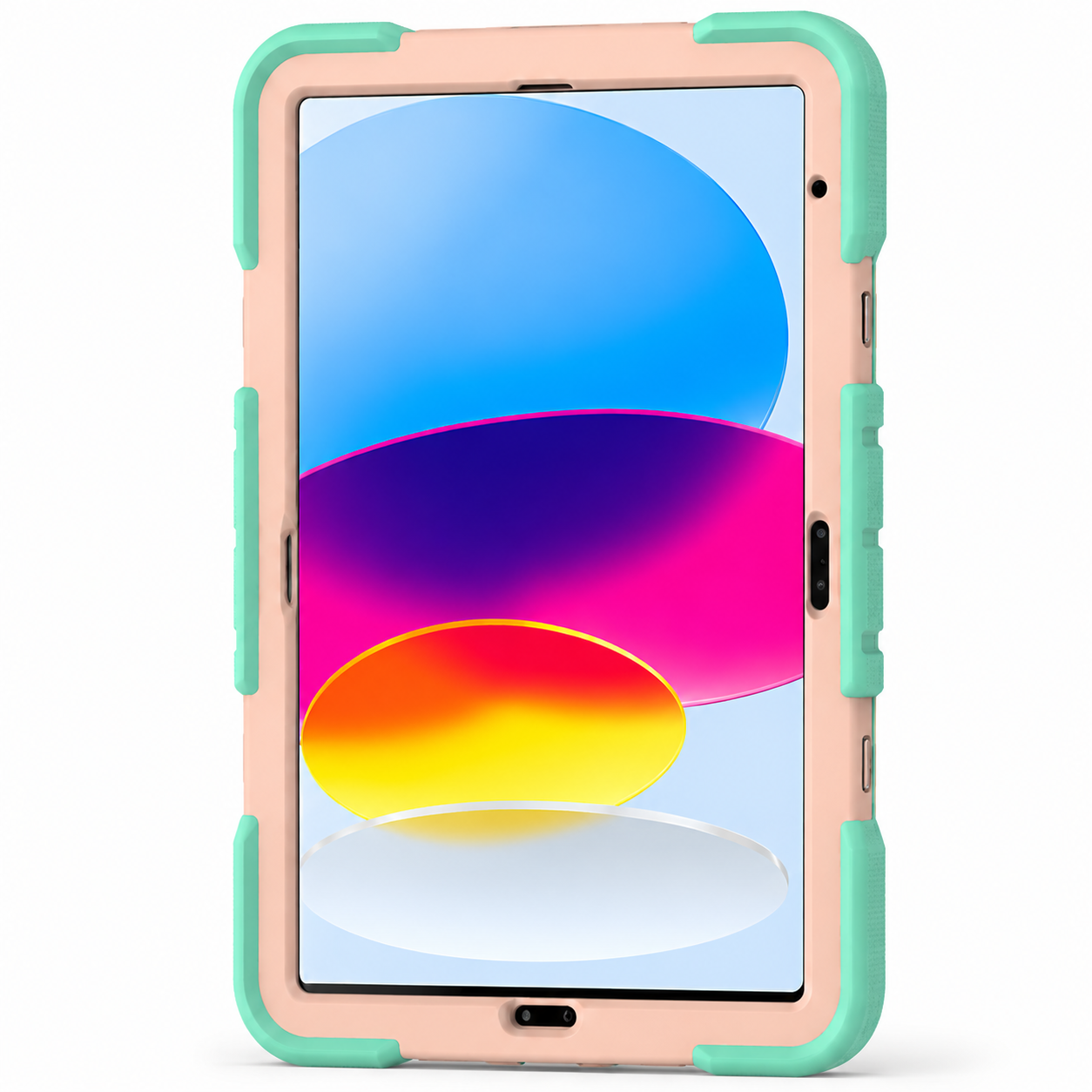 Smartphone with a colorful display and a green and pink case on a white background