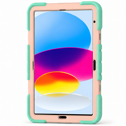 Smartphone with a colorful display and a green and pink case on a white background