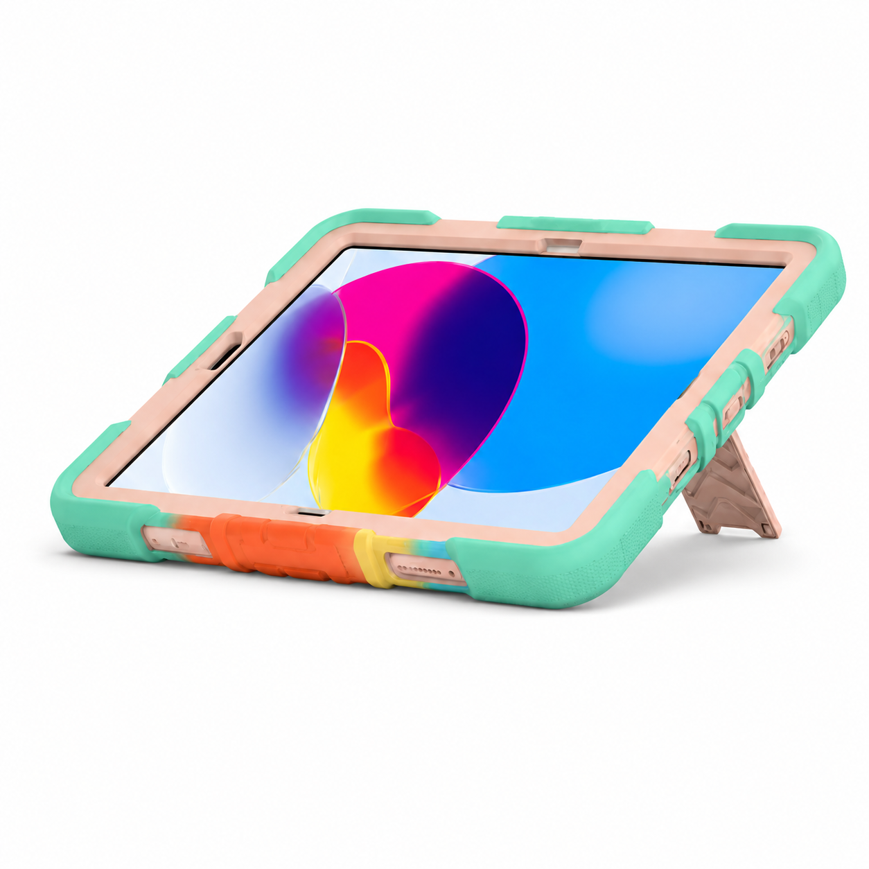 Tablet with a colorful display inside a green case on a white background