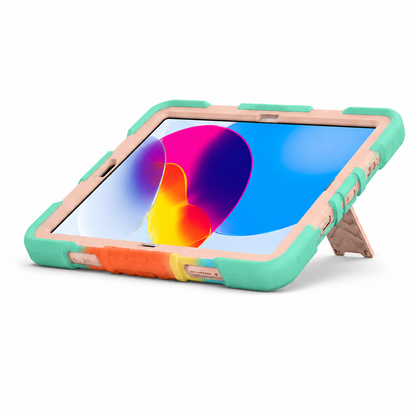 Tablet with a colorful display inside a green case on a white background