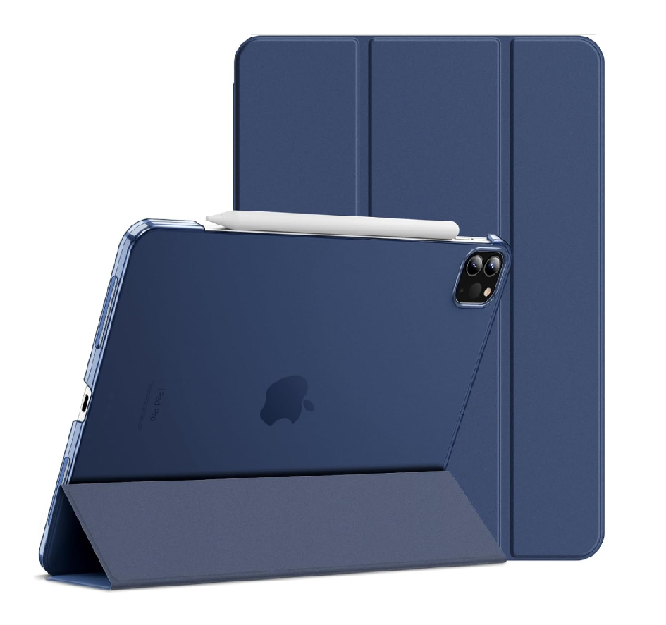 A black protective iPad case shown in three views: one standing as a kickstand, one lying flat, and one open to show the back. The Apple logo is visible on the device inside, and a white stylus is resting on top.