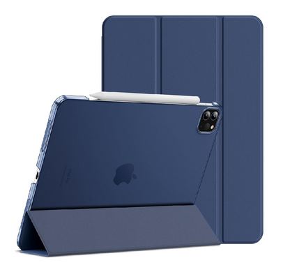 A black protective iPad case shown in three views: one standing as a kickstand, one lying flat, and one open to show the back. The Apple logo is visible on the device inside, and a white stylus is resting on top.