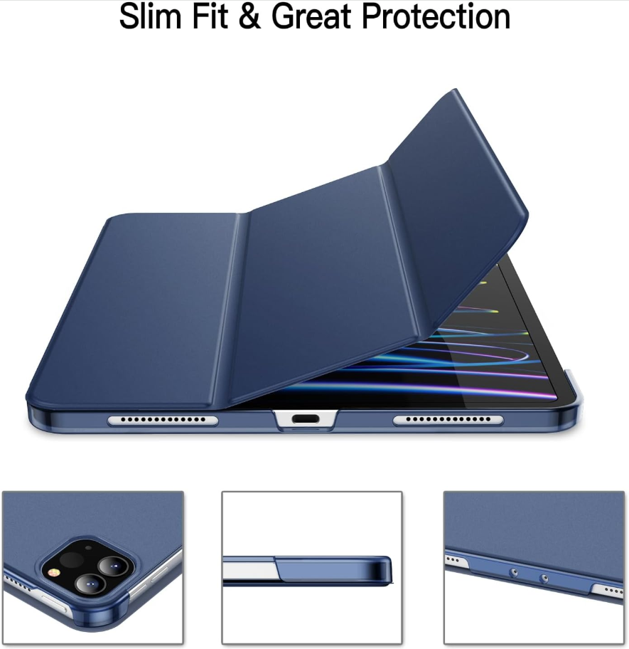 A dark blue folio-style phone case shown on a tablet, with the cover partially open to demonstrate a slim fit. The image includes the text 'Slim Fit & Great Protection' at the top and three smaller detail panels at the bottom showing the camera cutout, side profile, and edge details.