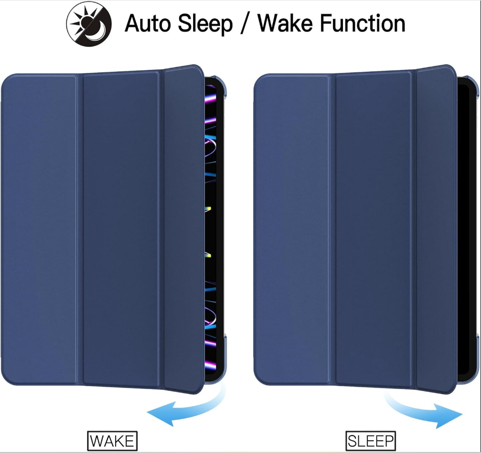 A blue tablet folio case shown in two positions on a white background, with text reading 'Auto Sleep / Wake Function' and arrows indicating sleep and wake states.