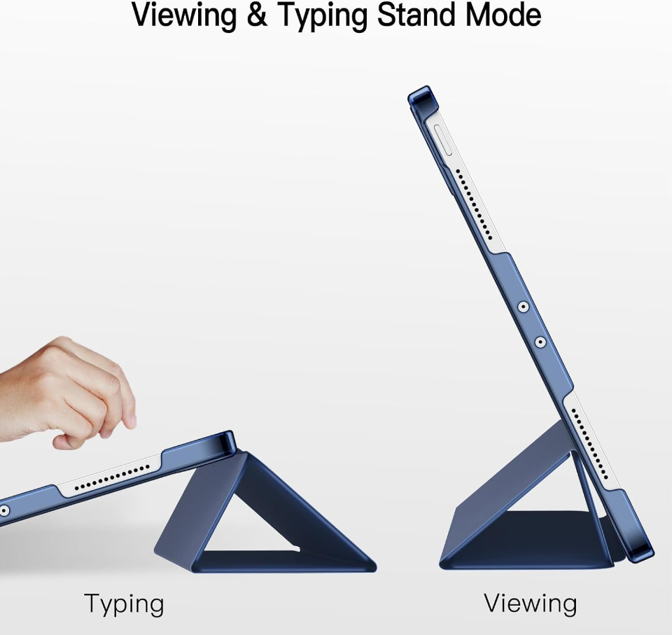 Blue tablet stand showing viewing and typing modes on a white background
