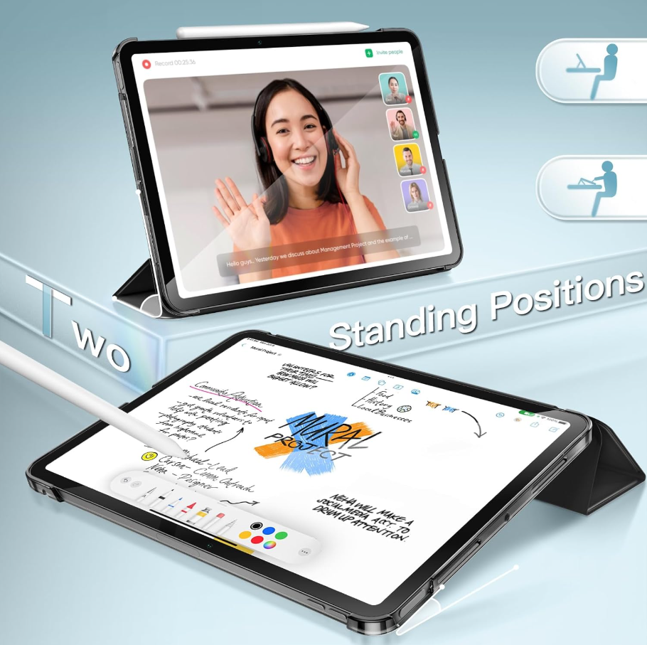 Two black tablet cases shown on a light blue background, each supporting an iPad in different standing positions. One case is used upright with a video call screen visible, and the other is angled to show a whiteboard-style app on the tablet screen.