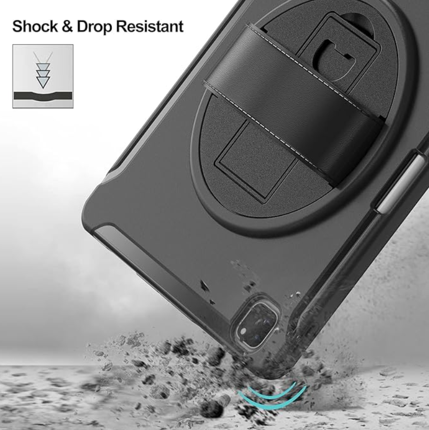 Phone case with shock and drop resistance feature, showing impact on a gray background.