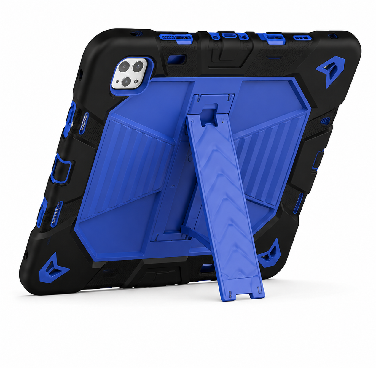 Blue and black rugged phone case with stand feature on a white background