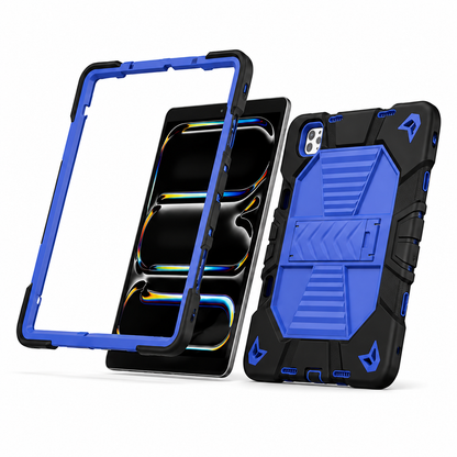 Blue and black phone case with a clear screen protector on a white background