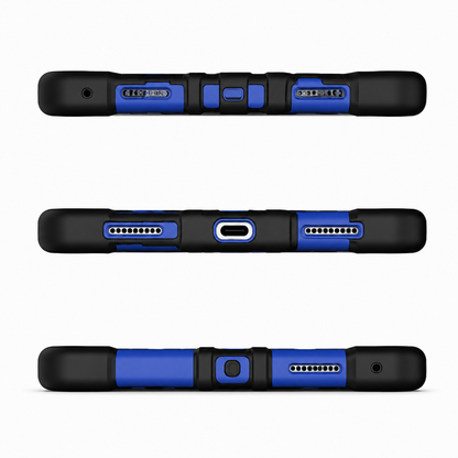 Black and blue electronic device with multiple ports on a white background