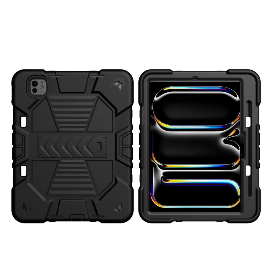 Black rugged phone case with geometric design on a white background