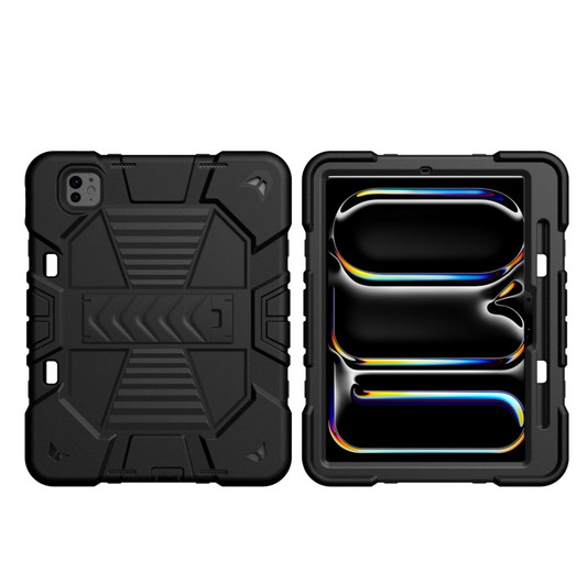 Black rugged phone case with geometric design on a white background