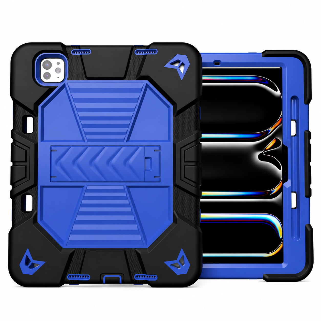 Blue and black rugged phone case with geometric design on a white background