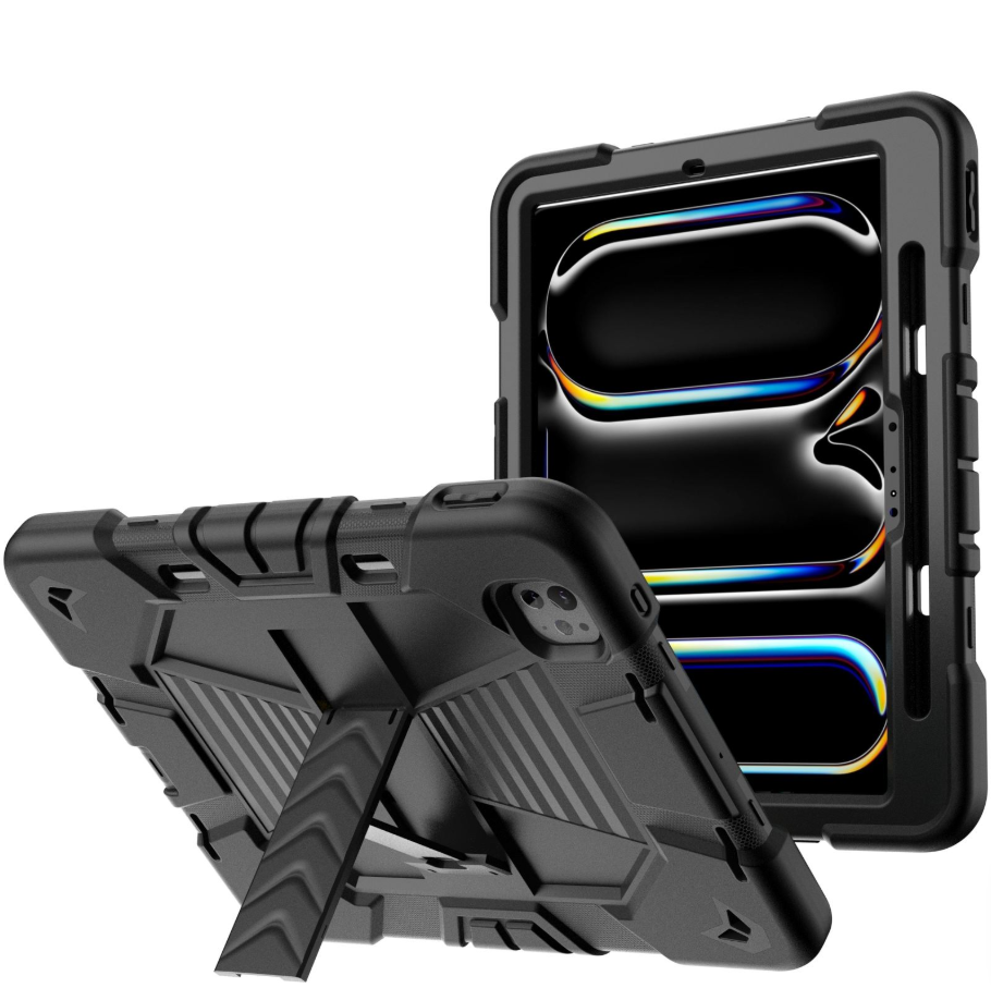 Black phone case with stand feature on a white background