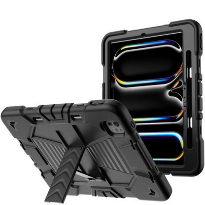Black phone case with stand feature on a white background