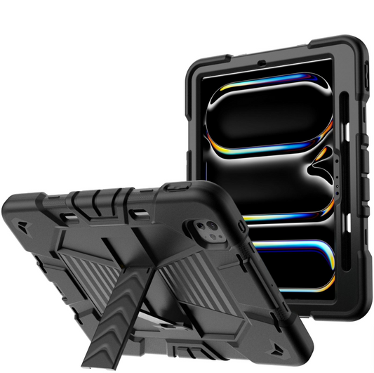 Black phone case with stand feature on a white background