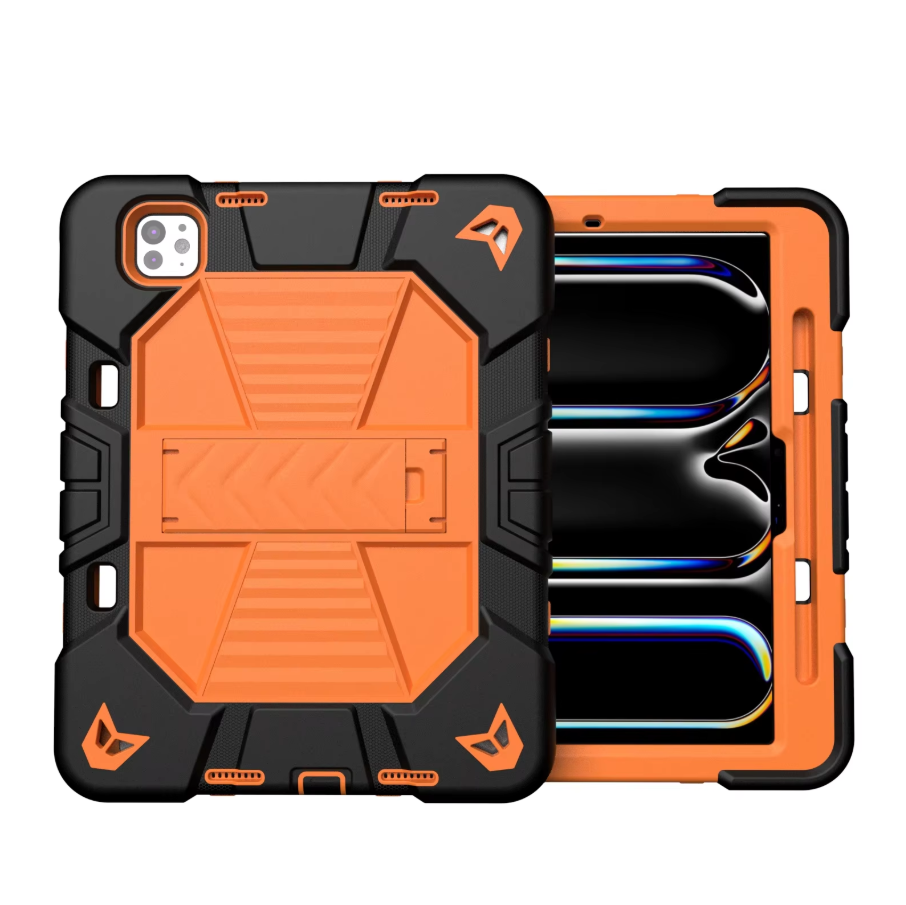 Orange and black rugged phone case on a white background