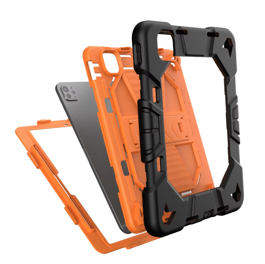 Orange and black phone case with stand feature on a white background
