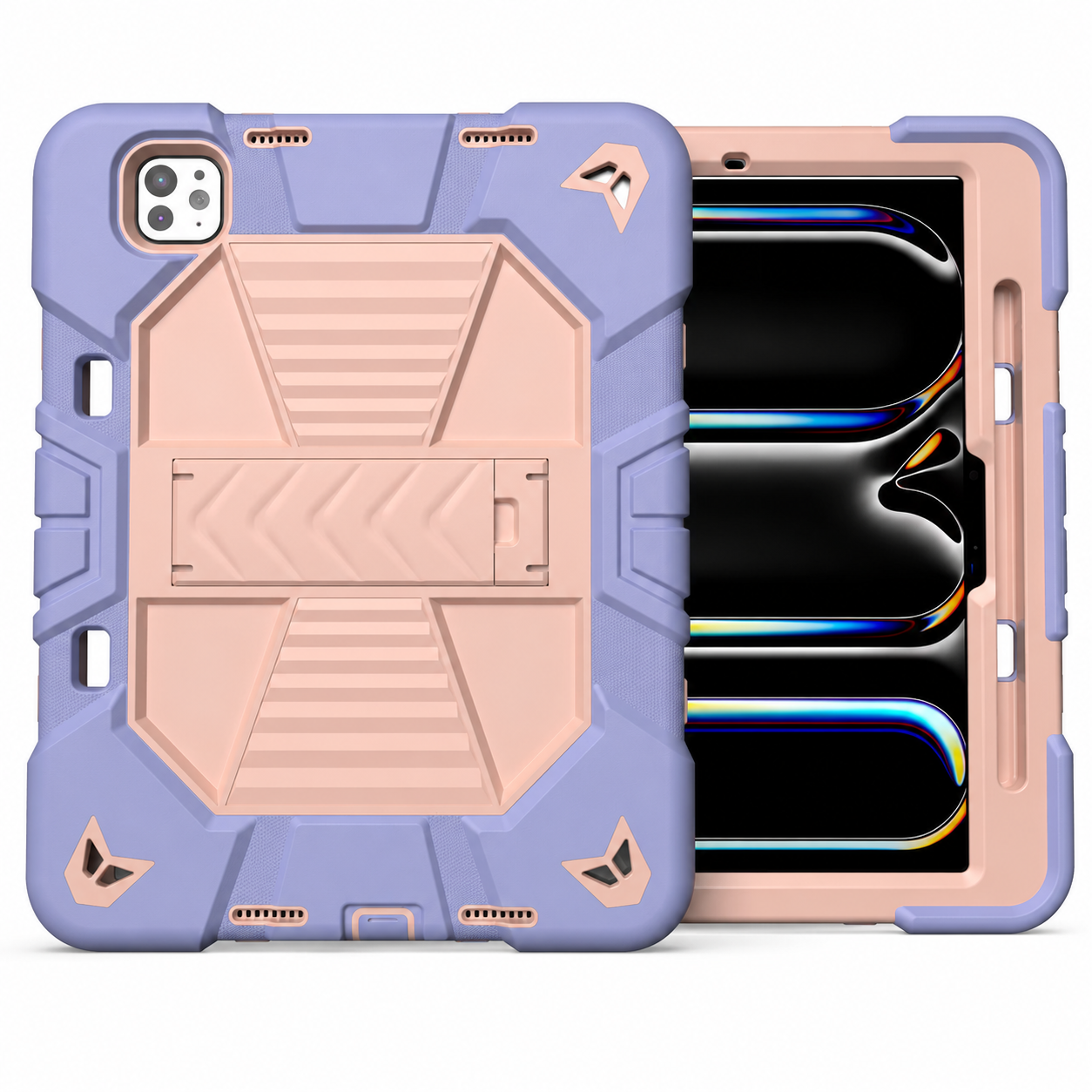 Rugged phone case with purple and pink design on a white background