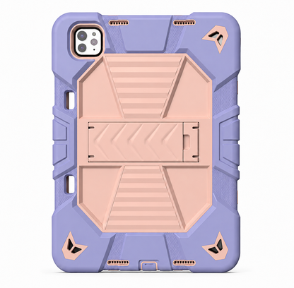 Rugged phone case with purple and beige design on a white background
