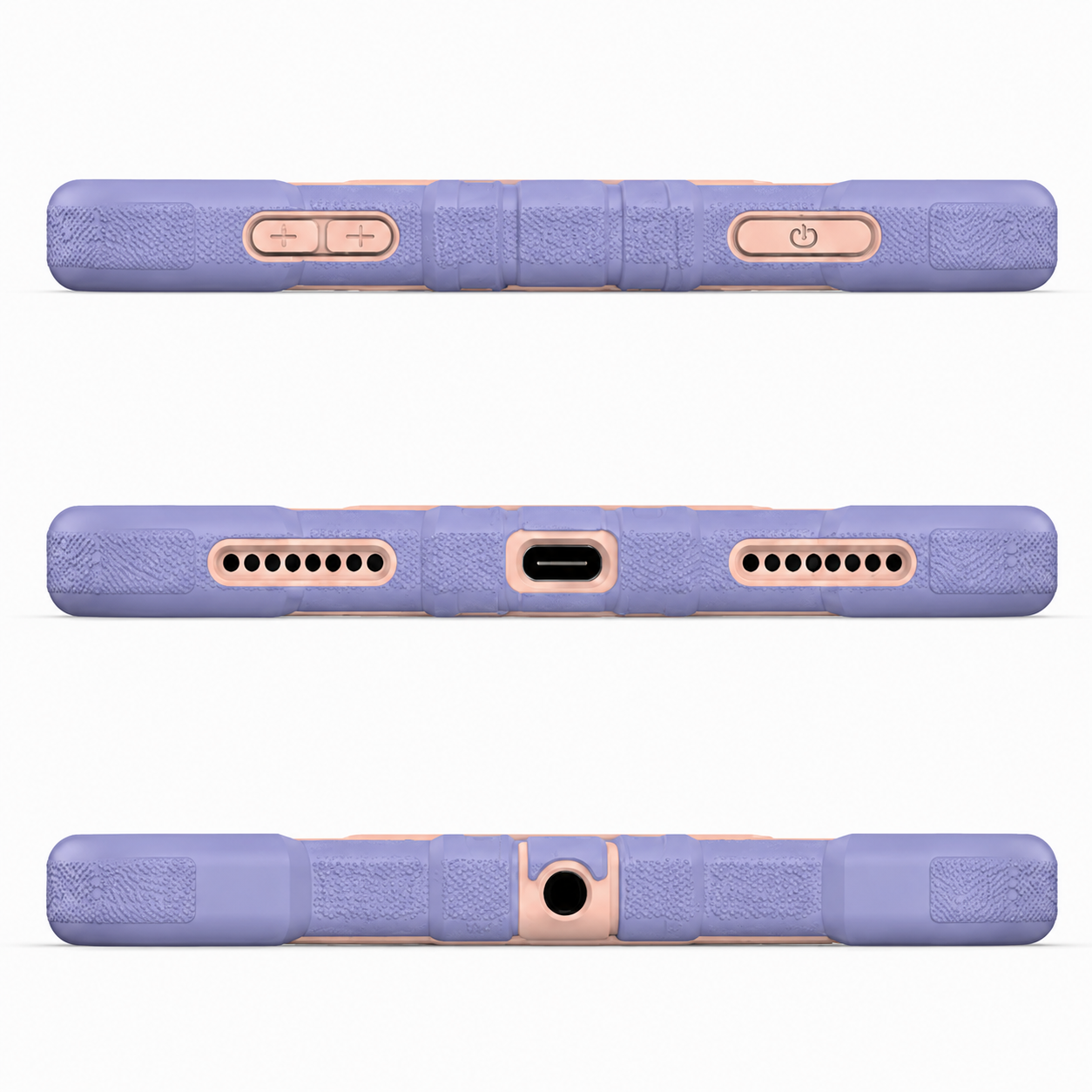 Purple phone case with rose gold accents on a white background