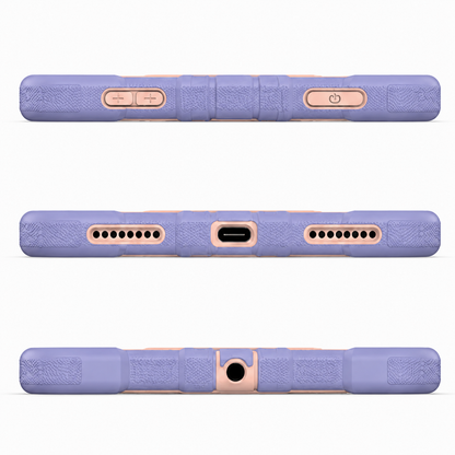 Purple phone case with rose gold accents on a white background