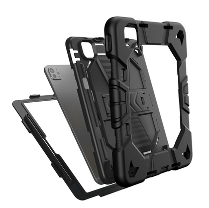 Black rugged phone case with stand feature on a white background