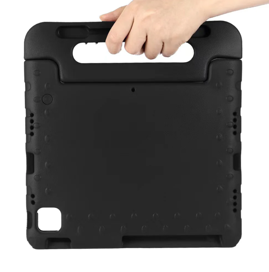 Black protective case with handle held by a hand on a white background