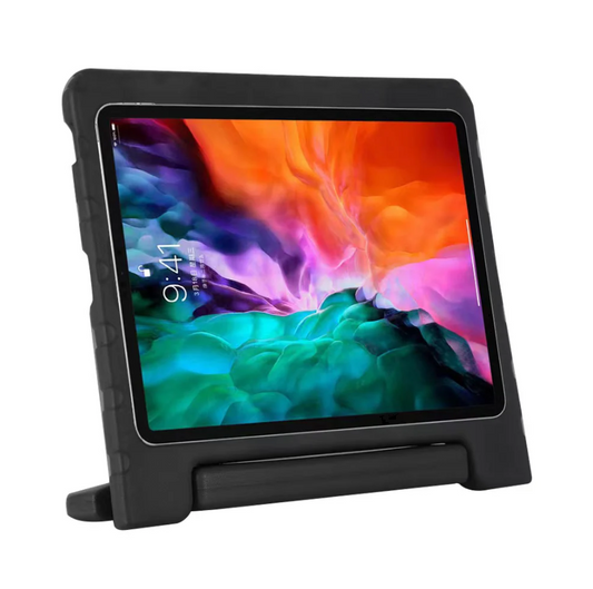 Tablet with colorful display inside a black protective case on a white background