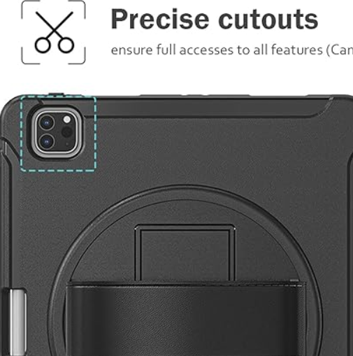 Black tablet case with precise cutouts for camera and ports on a white background