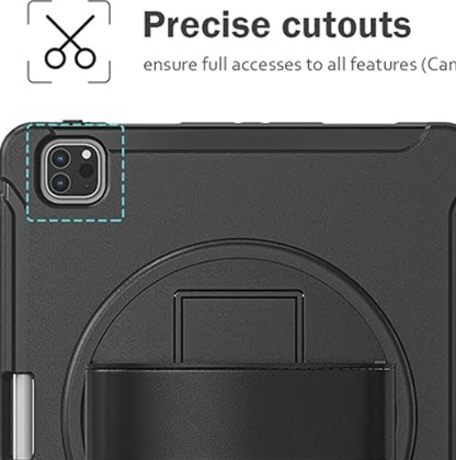 Black tablet case with precise cutouts for camera and ports on a white background