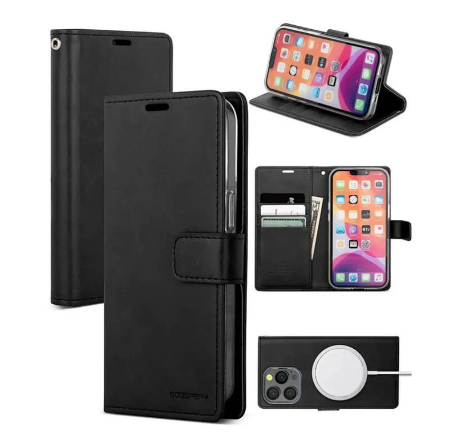Black phone wallet case with multiple views on a white background