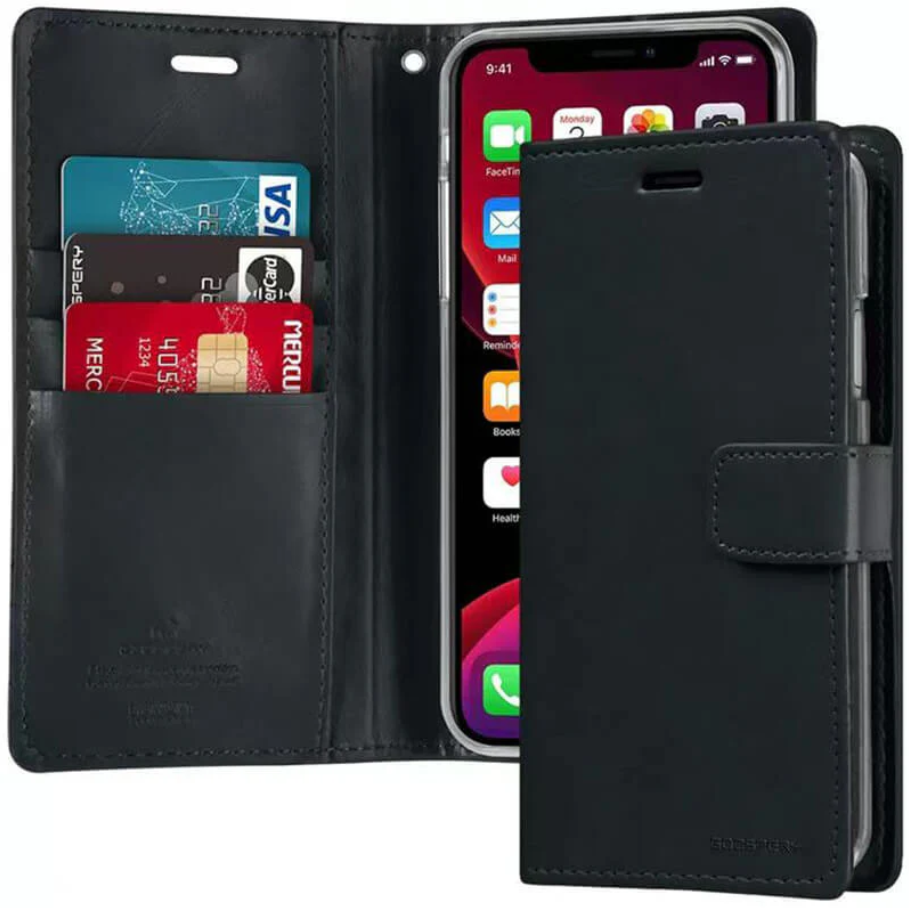 Black phone wallet case with card slots and phone display