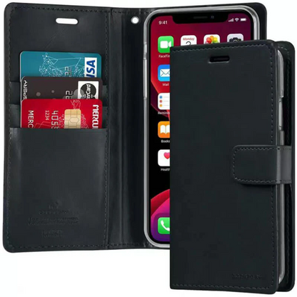 Black phone wallet case with card slots and phone display